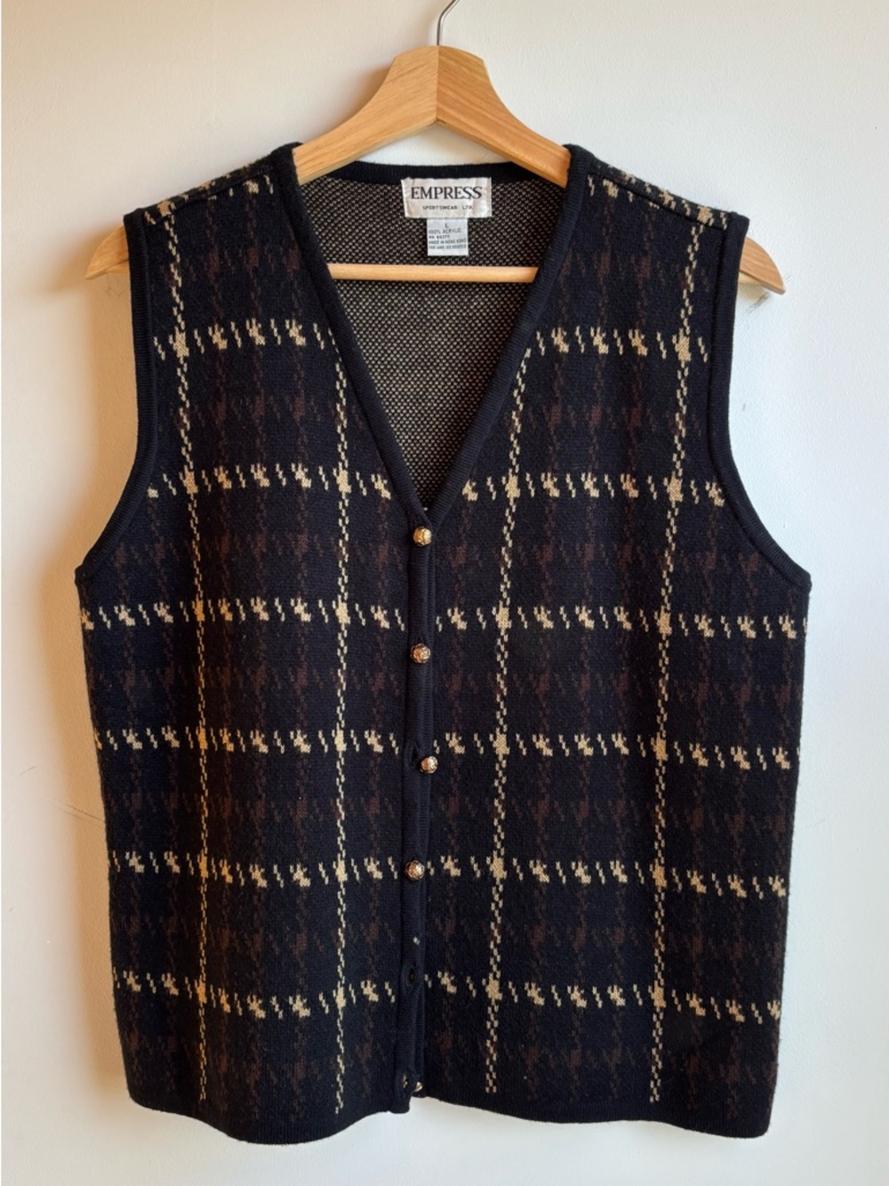 Empress Black Plaid Knit Button Vest with Cream Accents